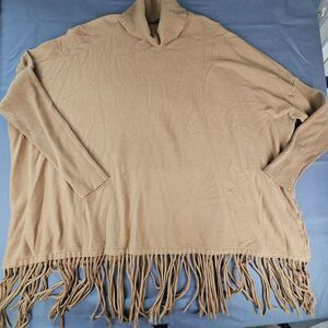 Cyrus  Camel Color Oversized Pullover With Ribbed Arms And Fringe Hem